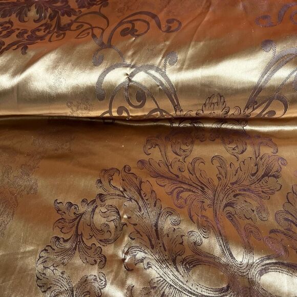 Luxury Satin Damask Duvet Cover Queen Size, Gold & Purple w/ Lace Trim Zip Close - Picture 8 of 11